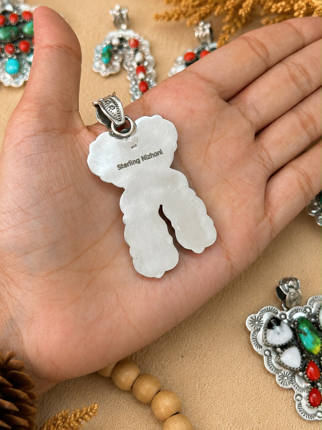 Handmade Sterling Silver Sonoran Mountain Turquoise with Coral and White Buffalo Christmas Ornaments Collection: Pendant Signed Nizhoni (9)