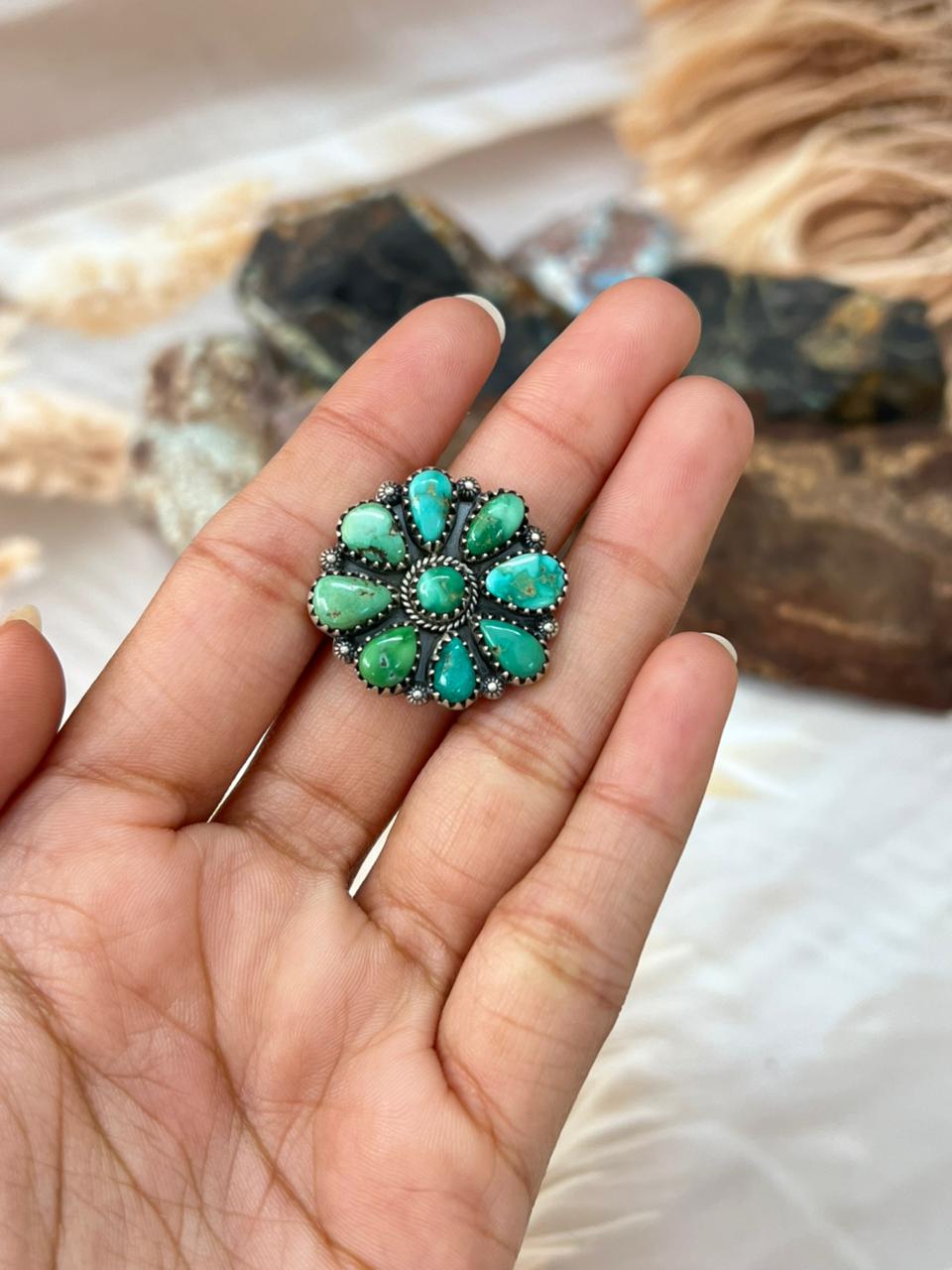 Handmade Sterling Silver Emerald Valley Turquoise Adjustable Ring "Signed Nizhoni"