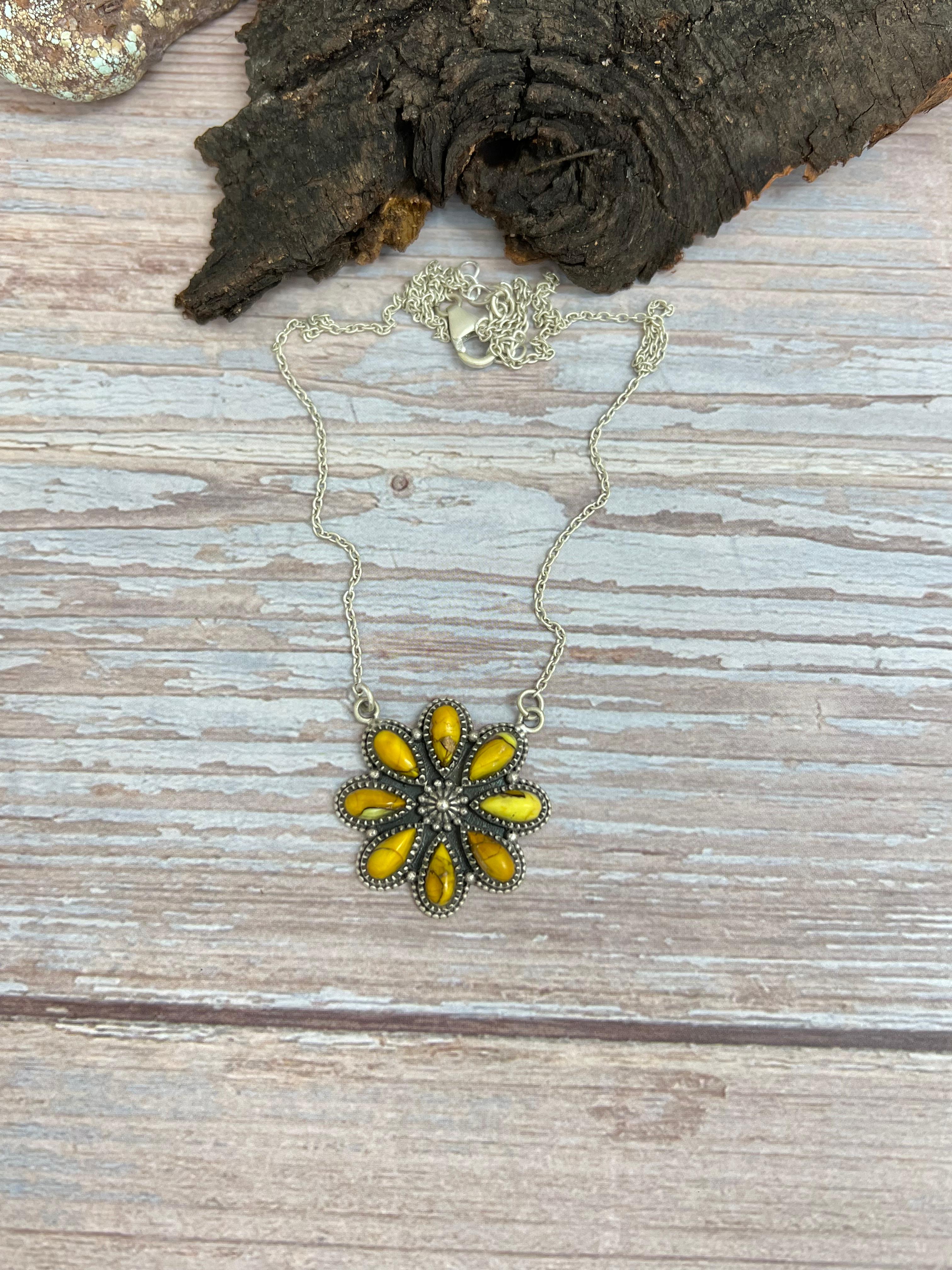 Handmade Sterling Silver Honey Dahlia Necklace with Signed Nizhoni