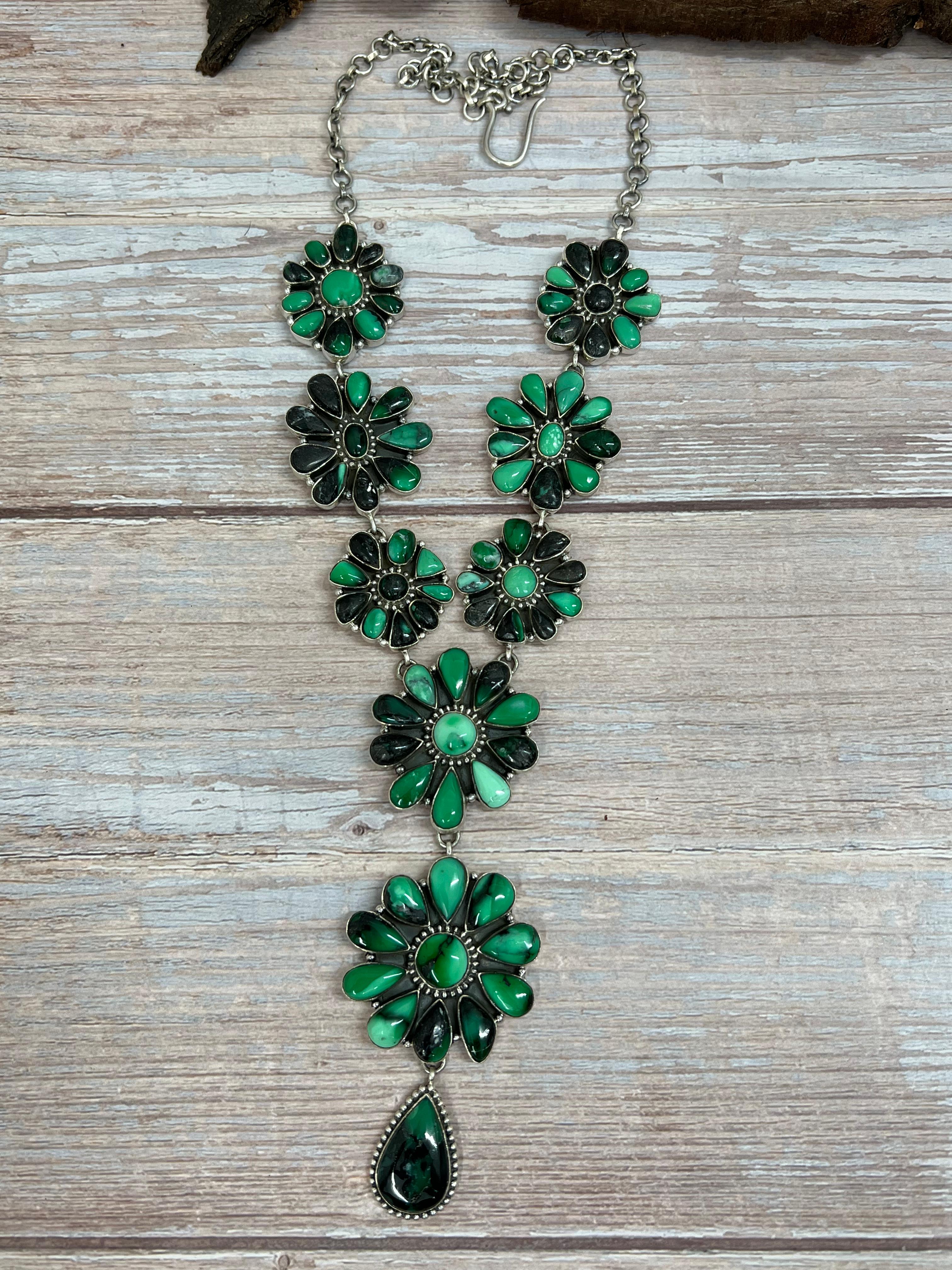 Handmade Sterling Silver Emerald Rose Necklace with Signed Nizhoni