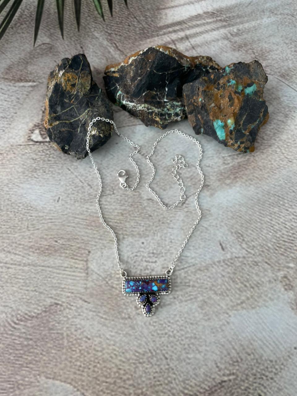 Handmade Sterling Silver Purple Blue Turquoise Necklace "Signed Nizhoni"