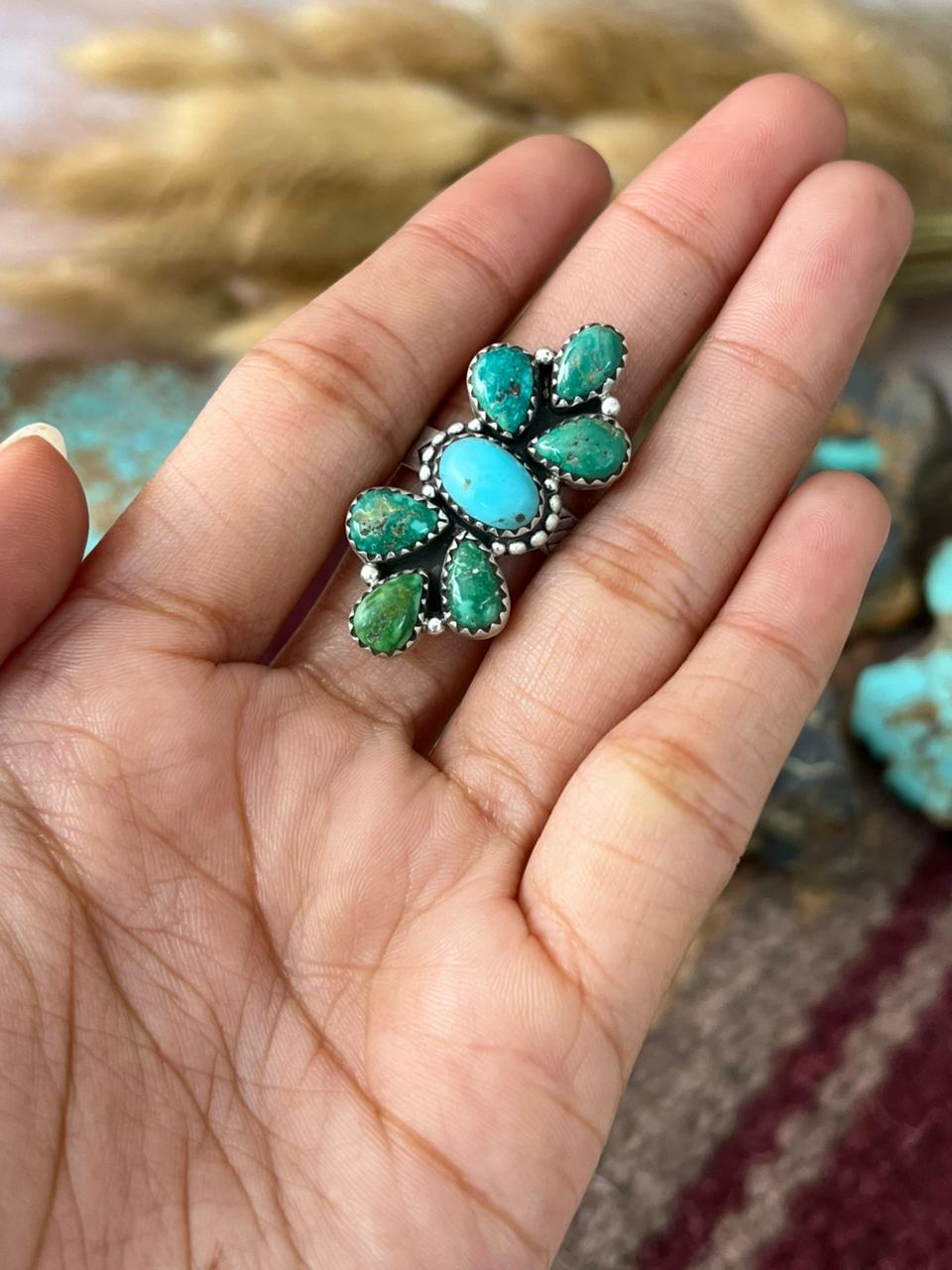 Handmade Sterling Silver Emerald Valley with Santa Maria Turquoise Adjusatble Ring "Signed Nizhoni"