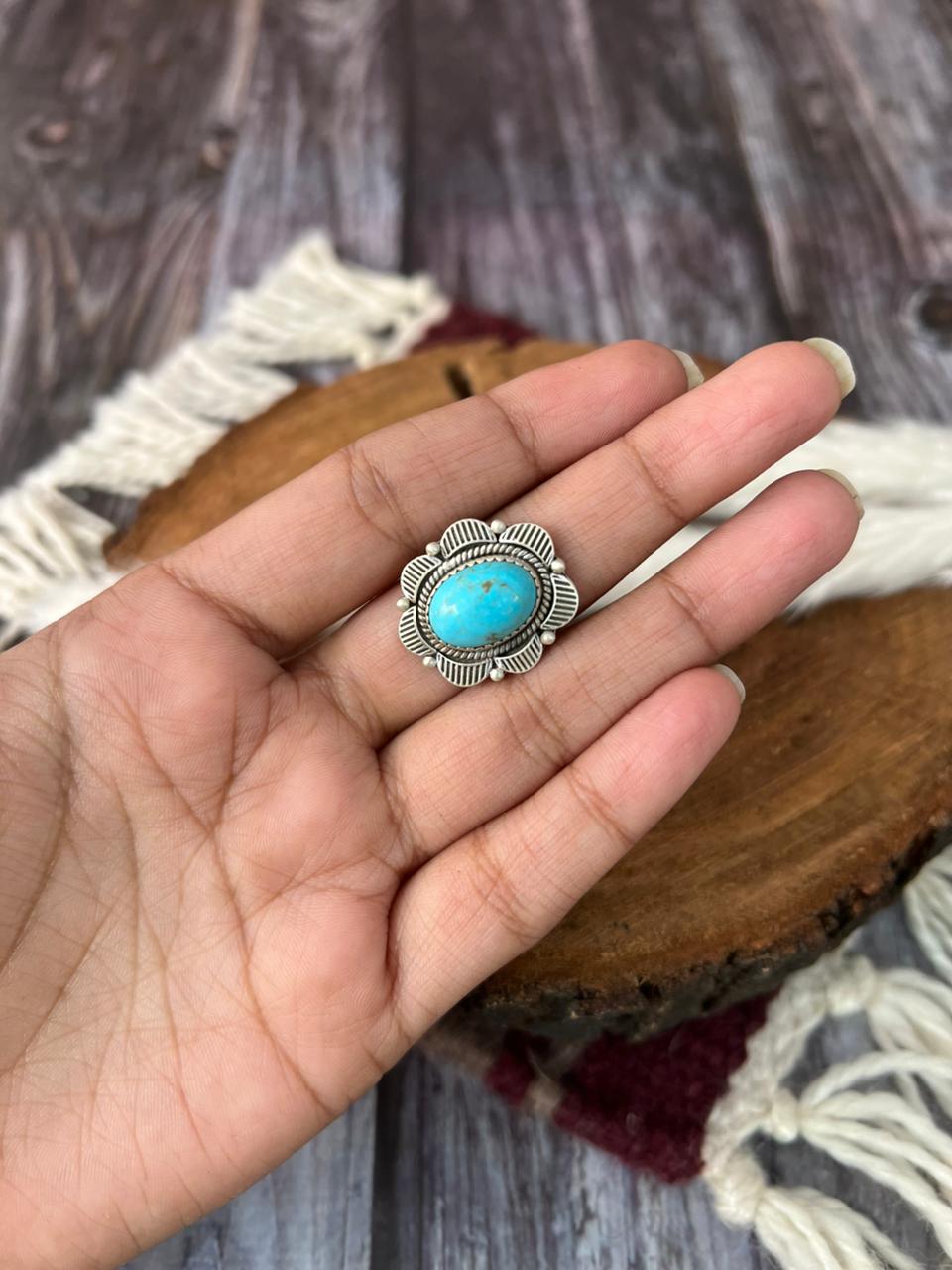 Handmade Sterling Silver Natural Blue Turquoise Adjustable Ring "Signed Nizhoni"
