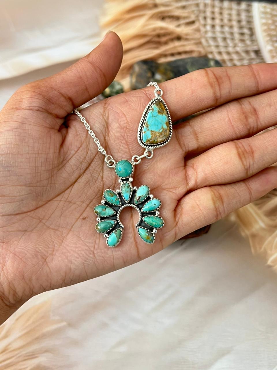 Handmade Sterling Silver Kingman with Number 8 Turquoise Necklace "Signed Nizhoni"