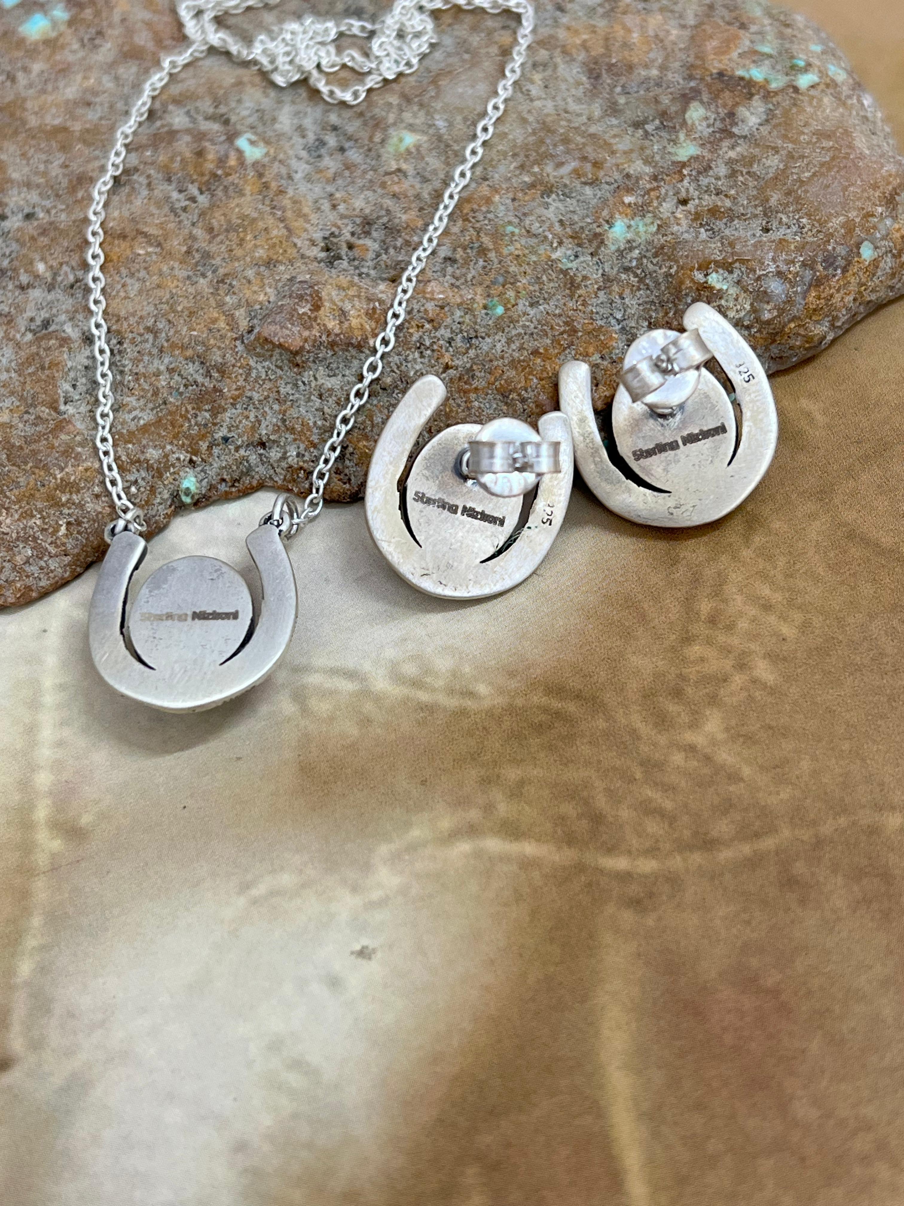 Handmade Sterling Silver Cotton Candy Turquoise Necklace Earrings Set, Signed Nizhoni