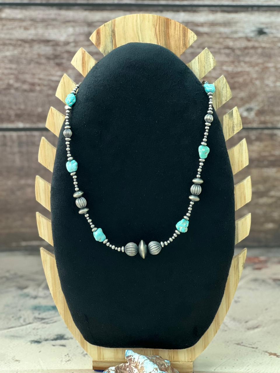 Handmade Sterling Silver Beaded White Water Turquoise Necklace "Signed Nizhoni"