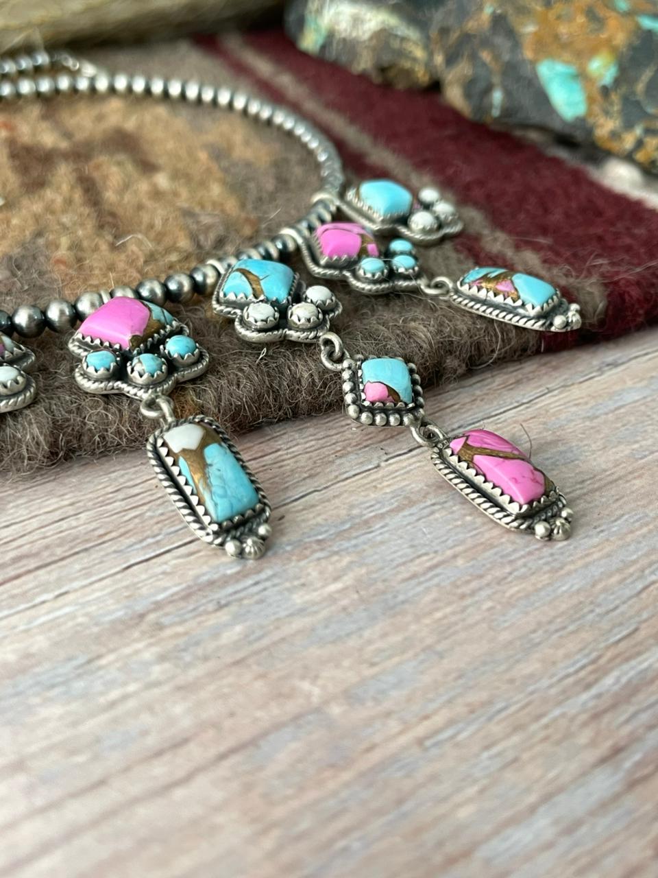 Handmade Sterling Silver Cotton Candy Beaded Necklace "Signed Nizhoni"