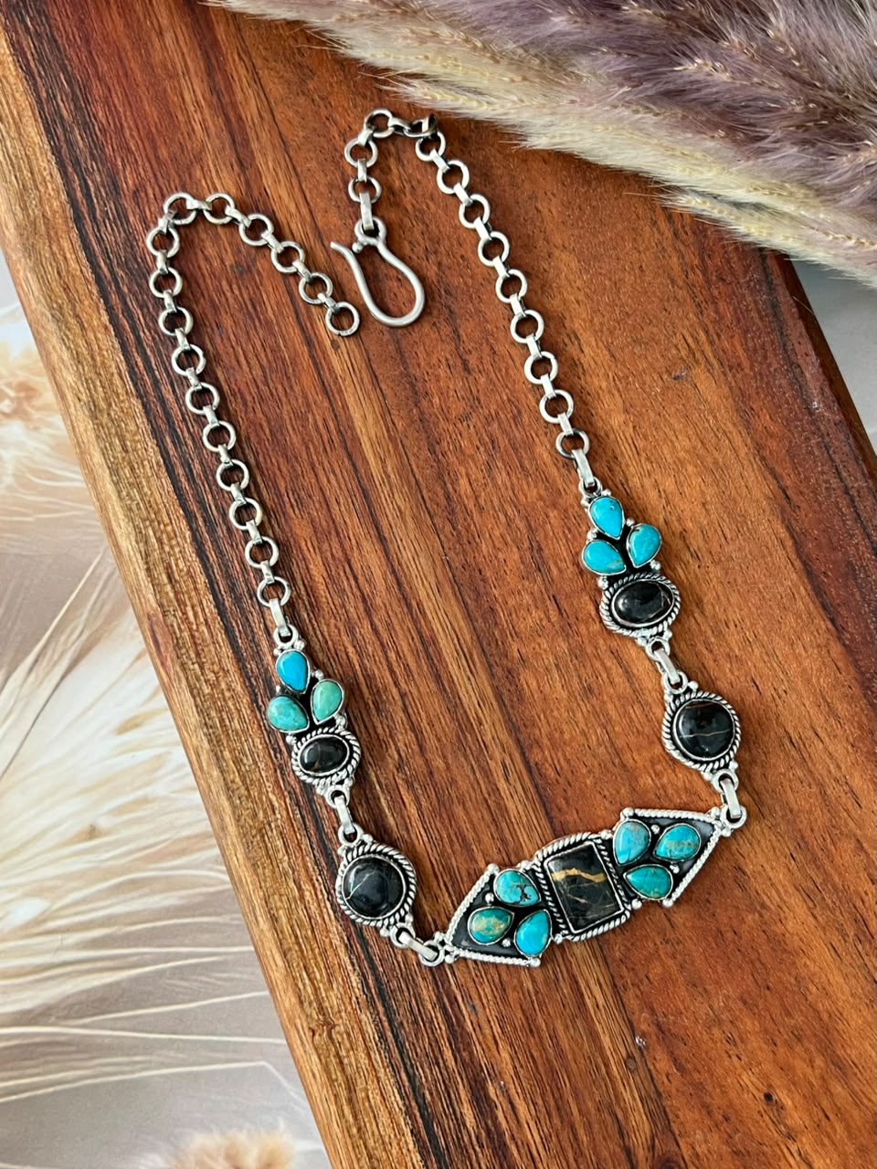Handmade Sterling Silver Blackjack with Kingman Turquoise Necklace Signed Nizhoni