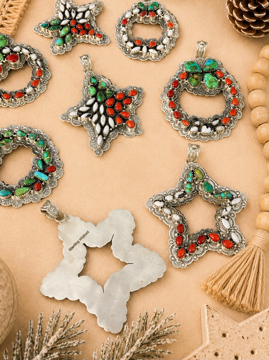 Handmade Sterling Silver Sonoran Mountain Turquoise with Coral and White Buffalo Christmas Ornaments Collection: Pendant Signed Nizhoni