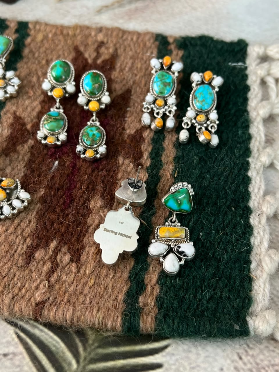 Handmade Sterling Silver Sonoran Mountain Turquoise with Bumblebee and White Buffalo Spring Collection: Post Dangle Earrings Signed Nizhoni