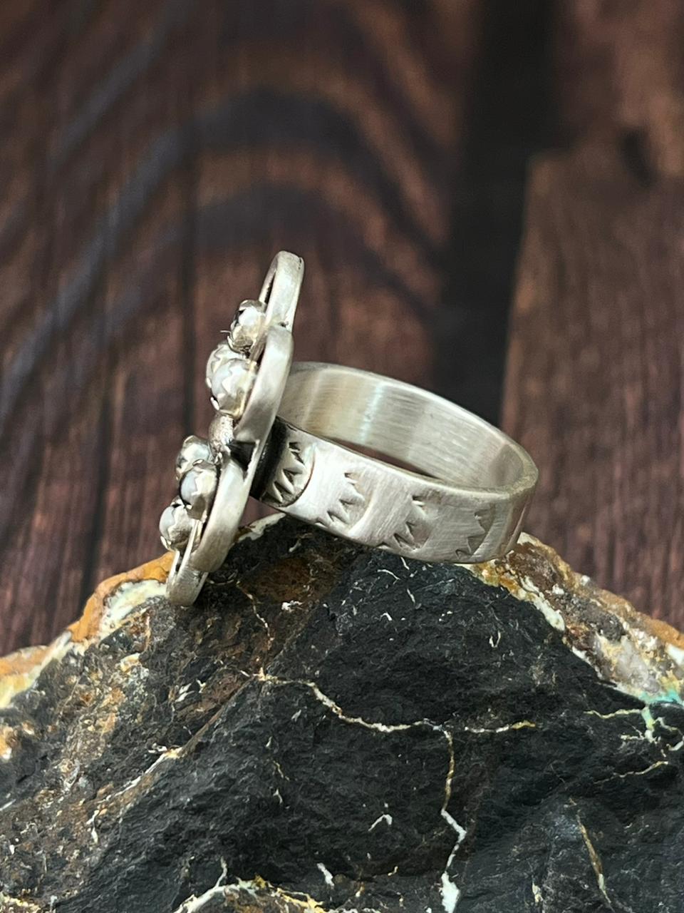 Handmade Sterling Silver White Buffalo Adjustable Ring "Singed Nizhoni" (1)