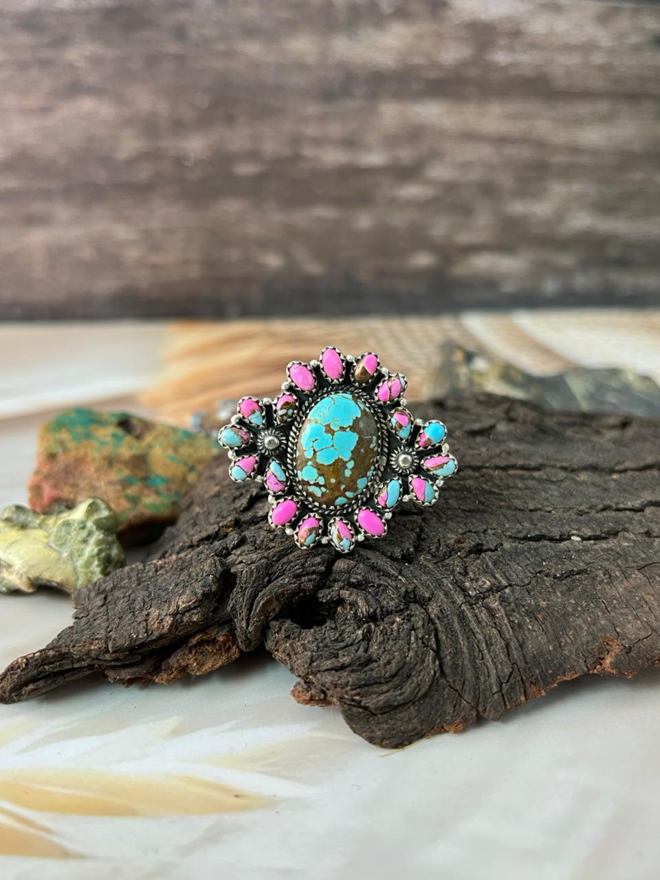 Handmade Sterling Silver Number 8 with Cotton Candy Adjustable Ring "Signed Nizhoni"
