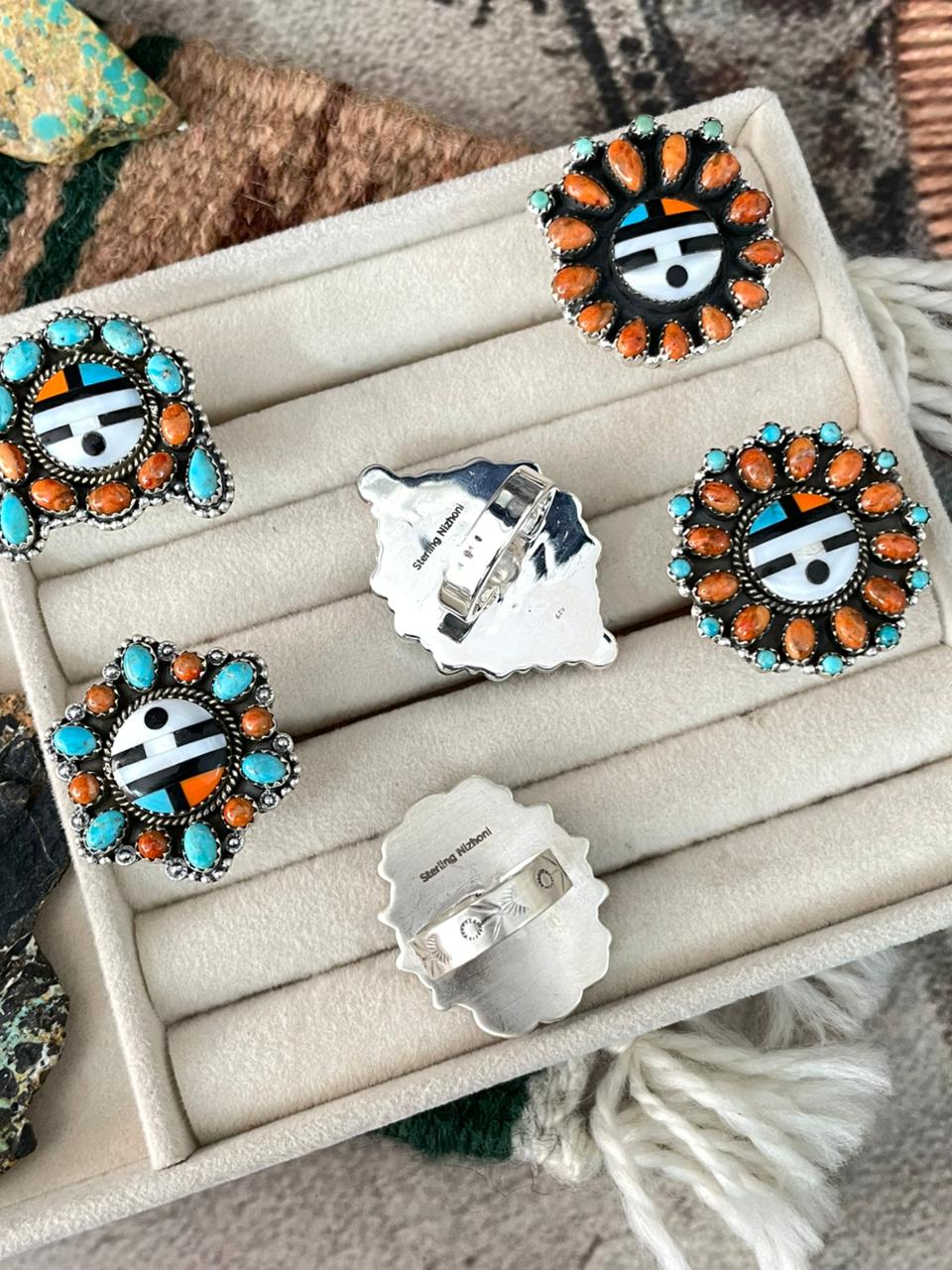 Handmade Sterling Silver Turquoise and MOP adjustable Ring "Signed Nizhoni"