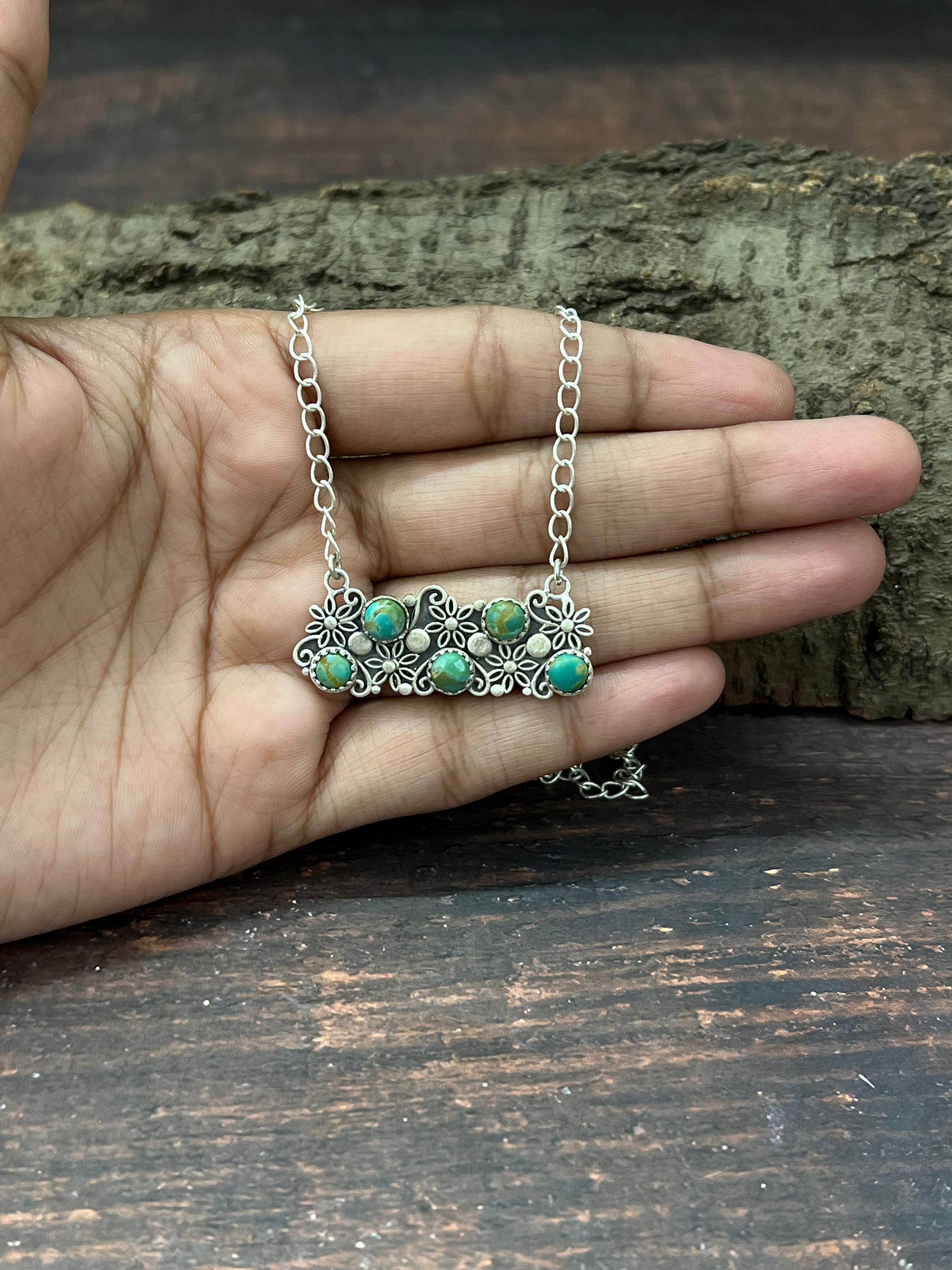 Handmade Sterling Silver Kingman Turquoise Necklace with Signed Nizhoni