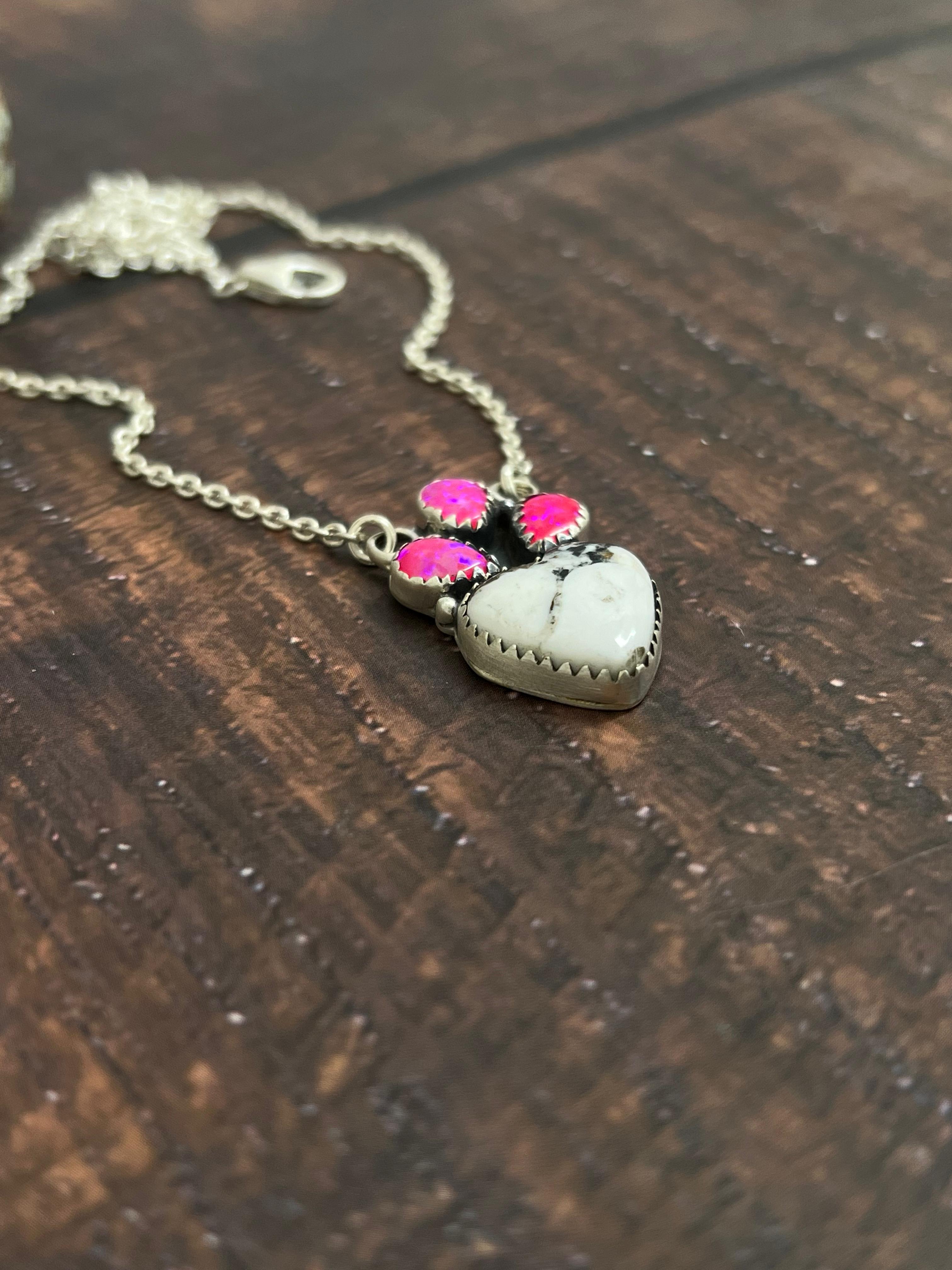 Handmade Sterling Silver Hot Pink, White Buffalo Turquoise Necklace with Signed Nizhoni