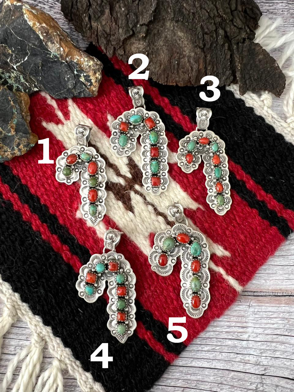 "Christmas Collection" Handmade Sterling Silver Kingman with Coral Pendant "Signed Nizhoni"