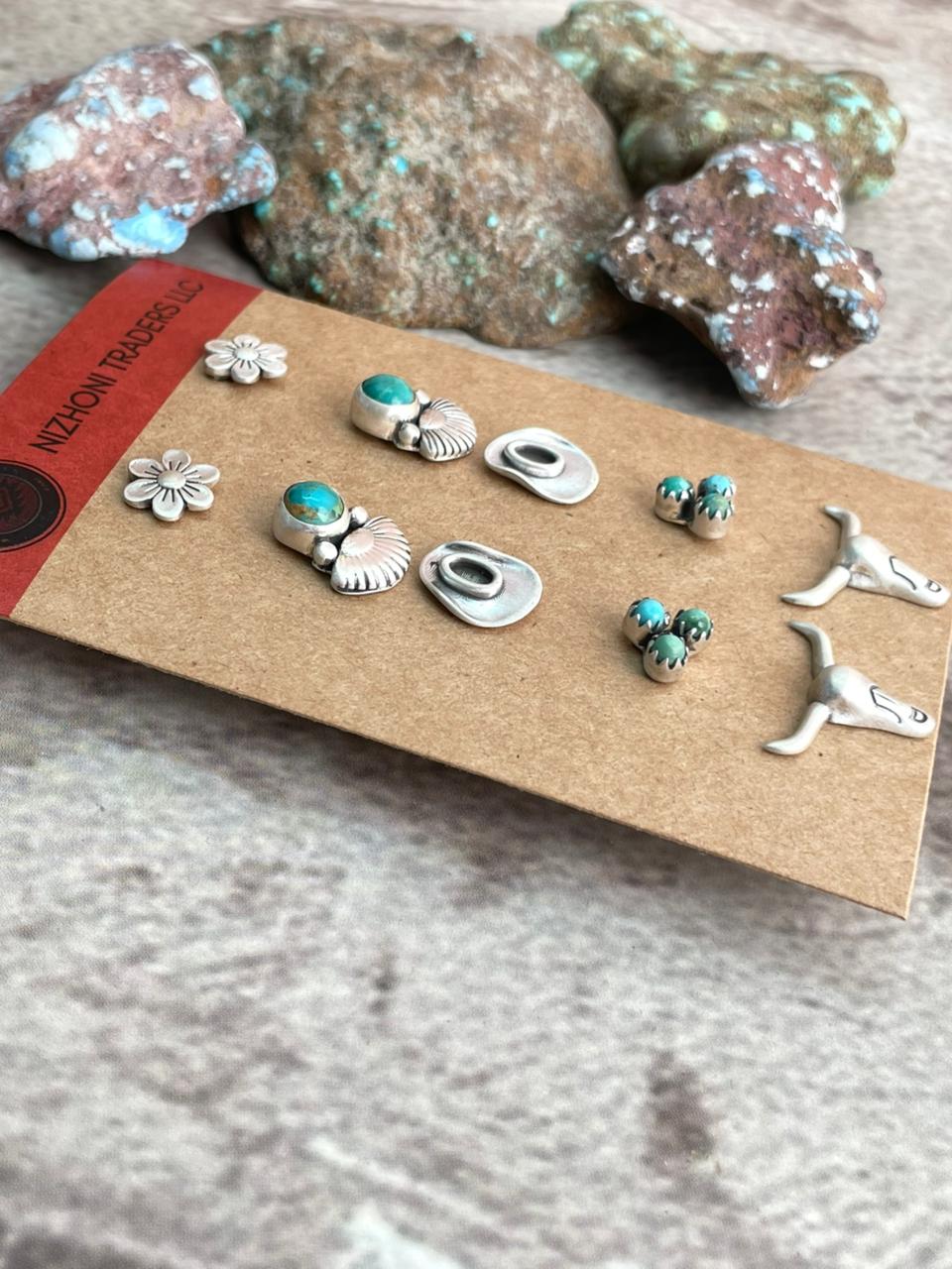 Handmade Sterling Silver Kingman Turquoise Post Studs Set (Card) Earrings