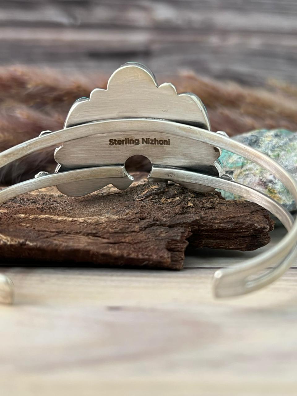 Handmade Sterling Silver Green Kingman Turquoise Collection: Naja Cuff Bracelet Signed Nizhoni