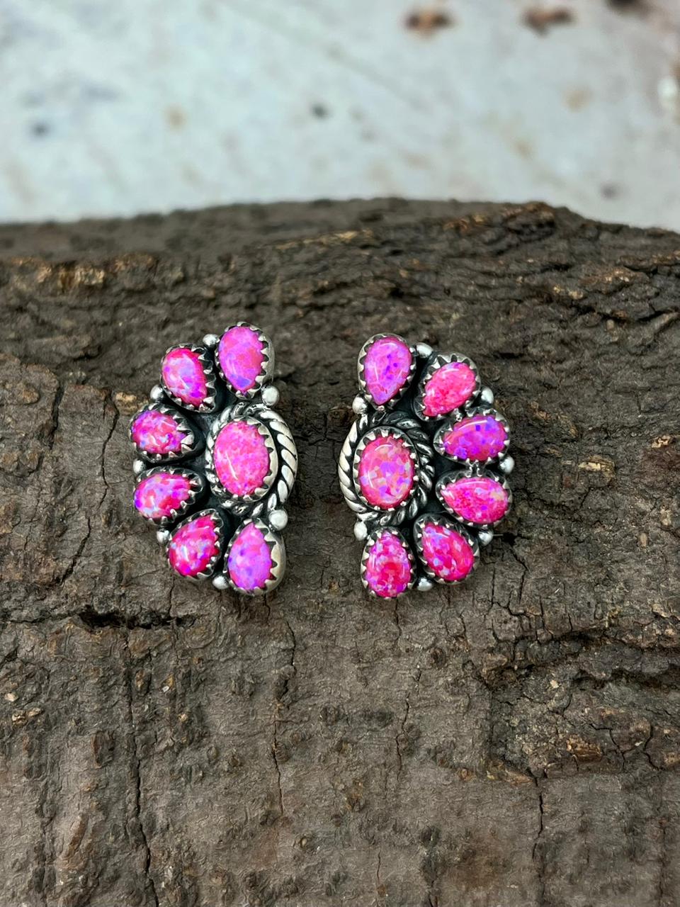 Handmade Sterling Silver Hot Pink Post Studs Earrings "Signed Nizhoni"