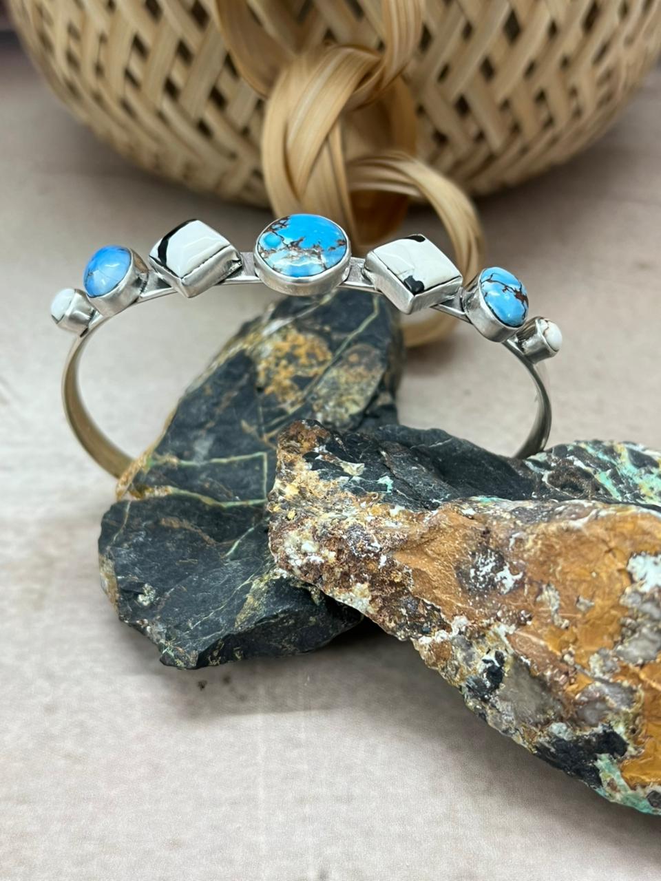 Handmade Sterling Silver Golden Hills with White Collection Bracelet "Signed Nizhoni"