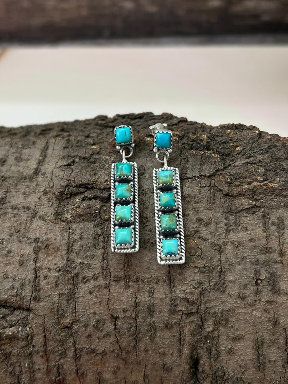Handmade Sterling Silver Kingman Turquoise Post Dangle Earrings "Signed Nizhoni"
