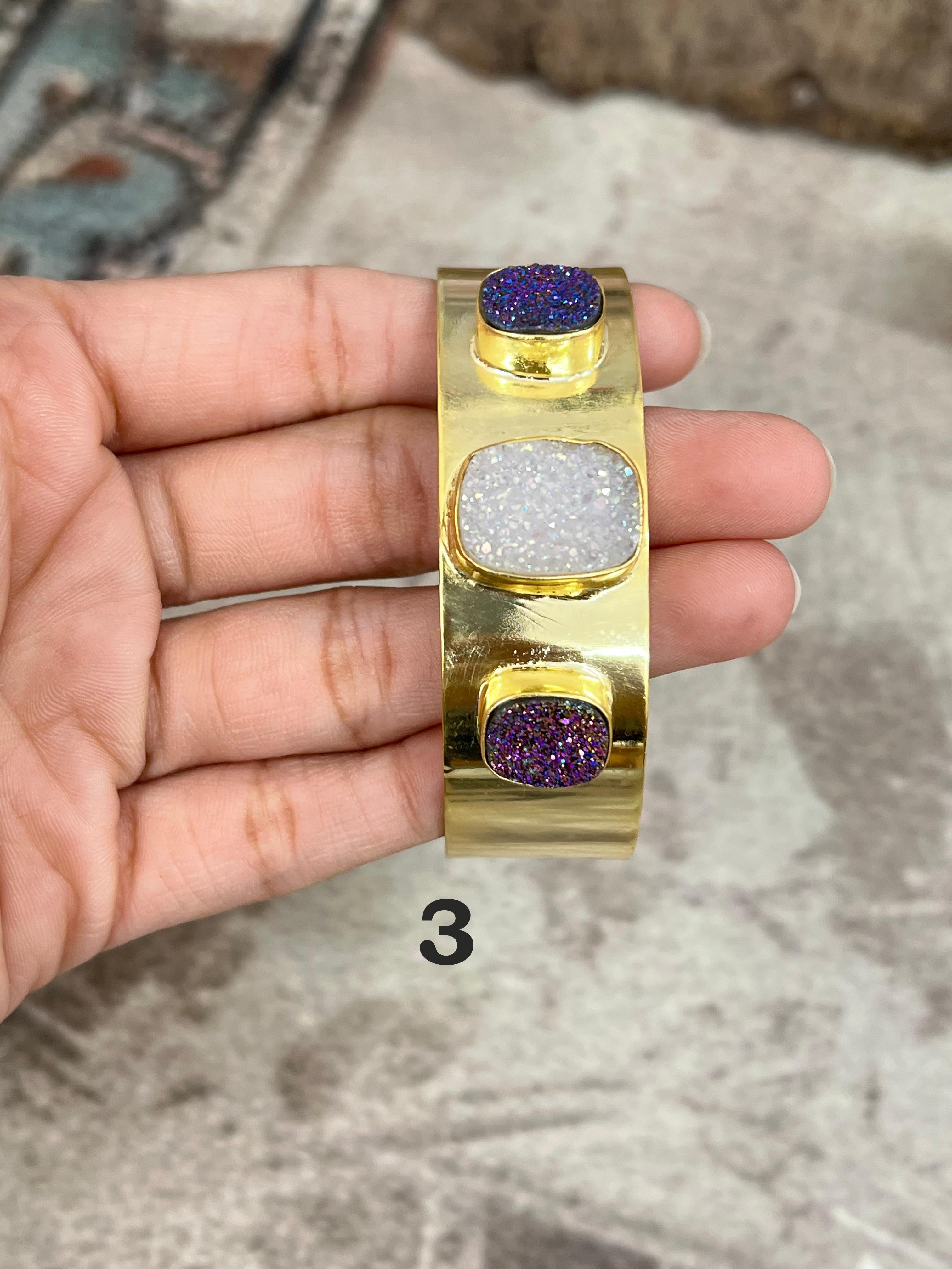 “The Boho Collection” Handmade Natural Gold Plated 3 Stone Druzy Cuff Bracelet