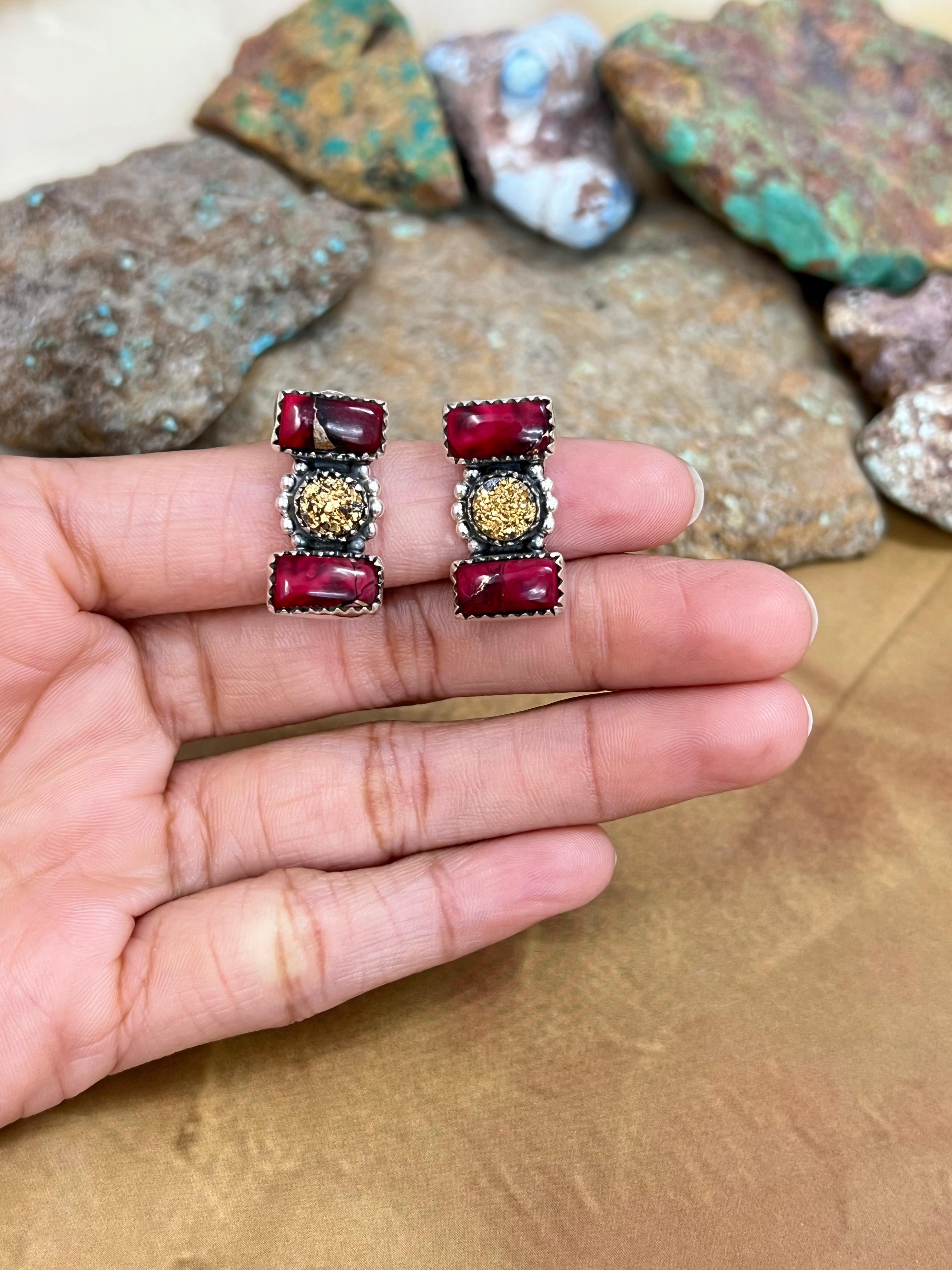 Handmade Sterling Silver Dahlia Rose with Druzy Studs, Signed Nizhoni