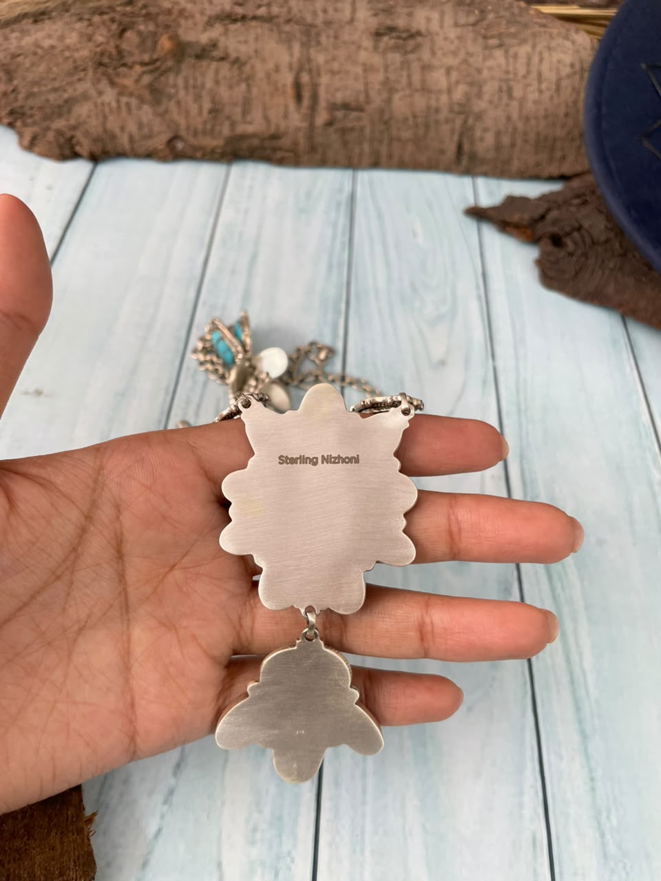Handmade Sterling Silver Egyptian Turquoise Collection: Necklace Signed Nizhoni