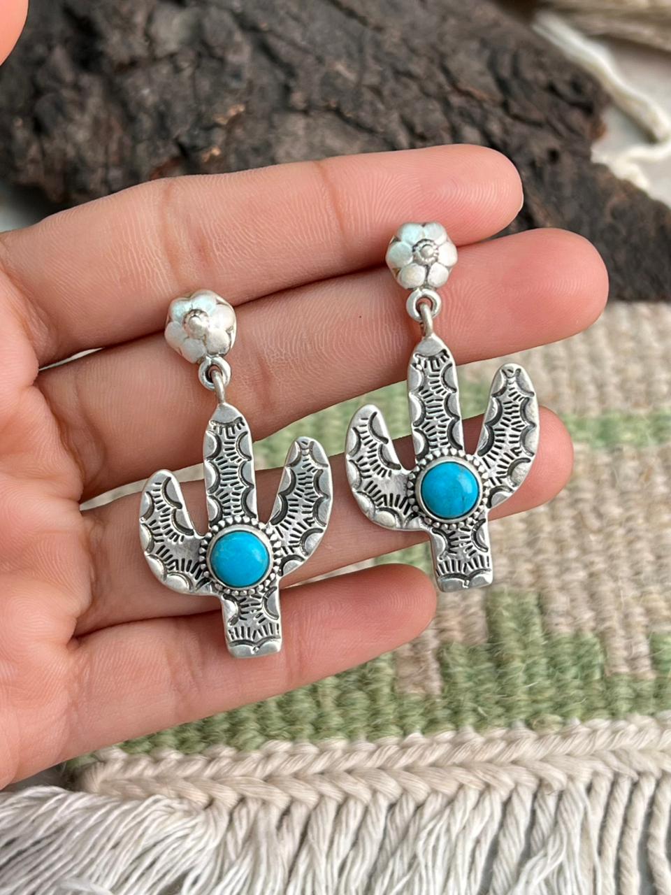 Handmade Sterling Silver Kingman Turquoise Post Dangle Cactus Earrings "Signed Nizhoni"