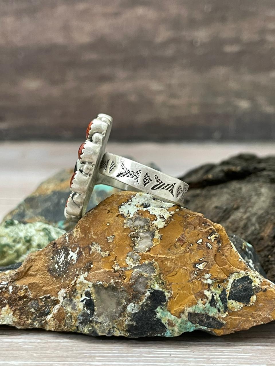 "Christmas Collection" Handmade Sterling Silver White Buffalo with Red Opal Adjustable Ring "Signed Nizhoni"