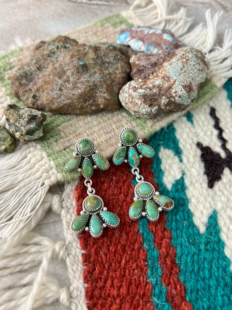 Handmade Sterling Silver Kingman Turquoise Post Dangle Earrings with Signed Nizhoni