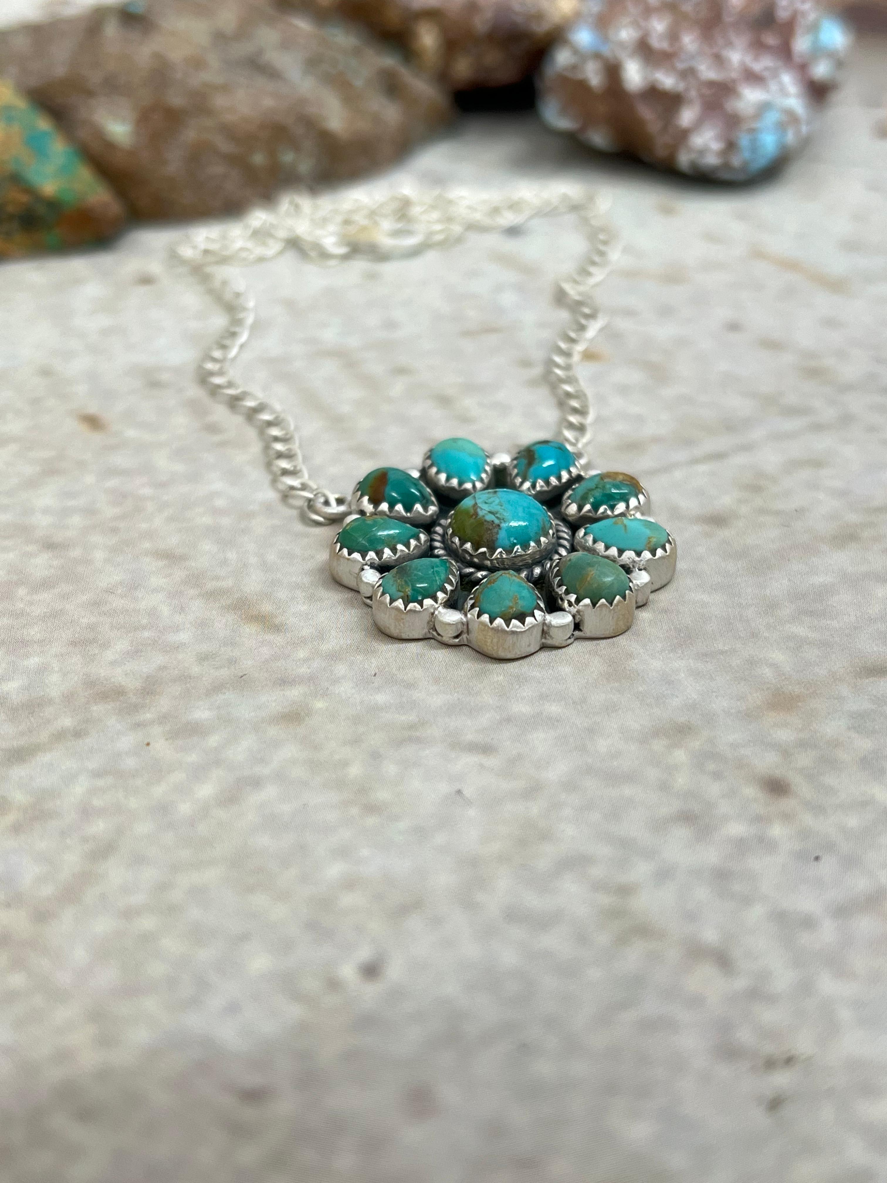 Handmade Sterling Silver Kingman Turquoise Necklace with Signed Nizhoni