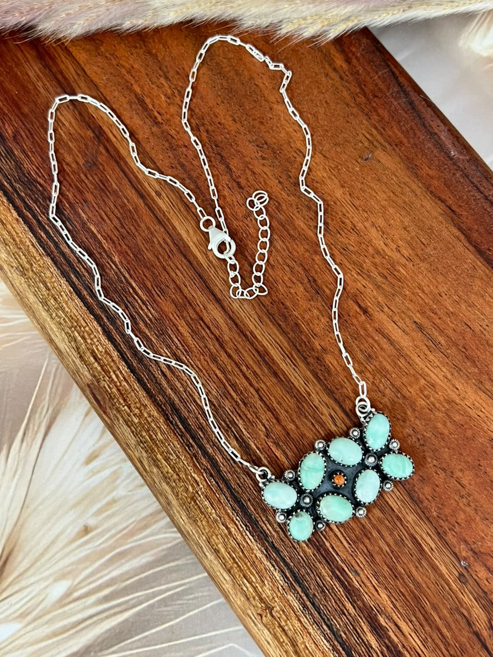 Handmade Sterling Silver Paloma Turquoise with Orange Mojave Necklace Signed Nizhoni