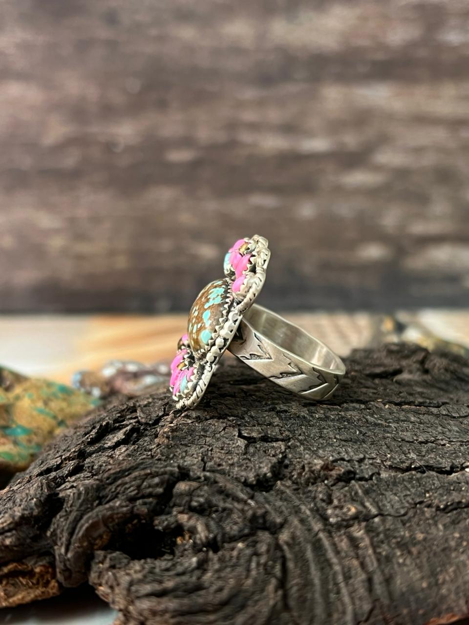 Handmade Sterling Silver Number 8 with Cotton Candy Adjustable Ring "Signed Nizhoni"
