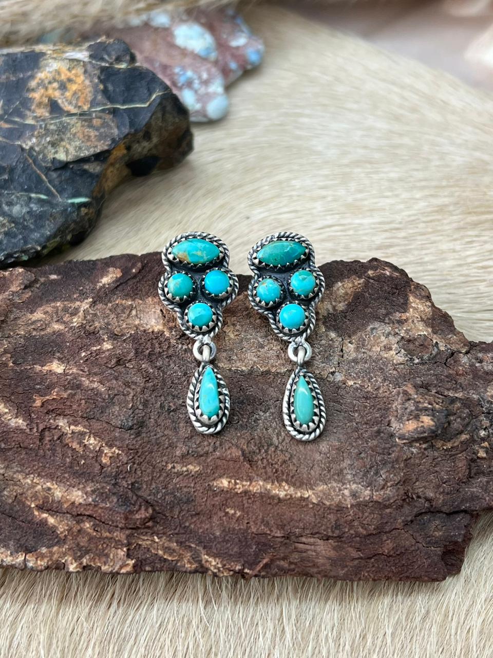 Handmade Sterling Silver Kingman Turquoise Post Dangle Earrings "Signed Nizhoni"