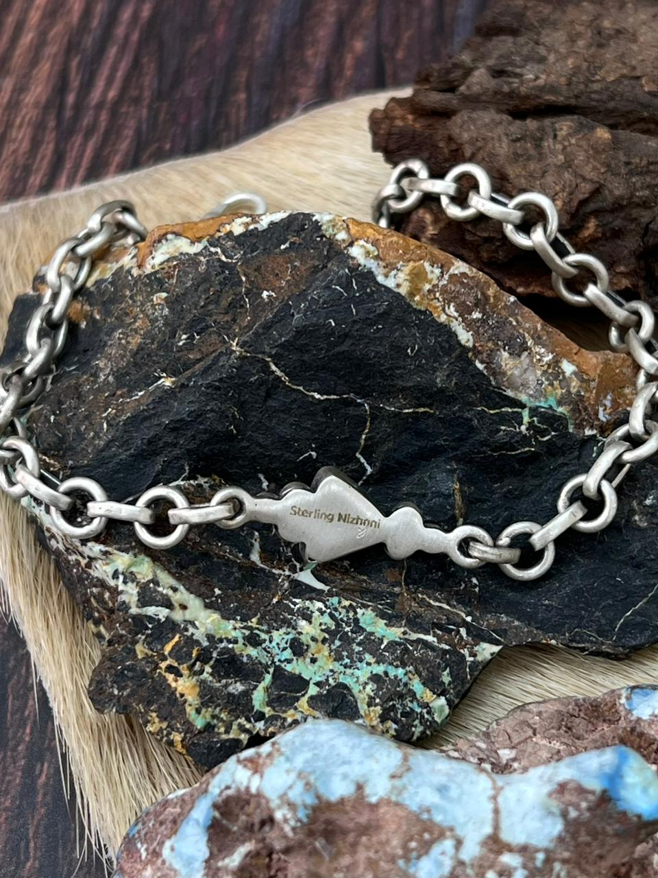 Handmade Sterling Silver Palomino Turquoise Chain Bracelet "Signed Nizhoni"