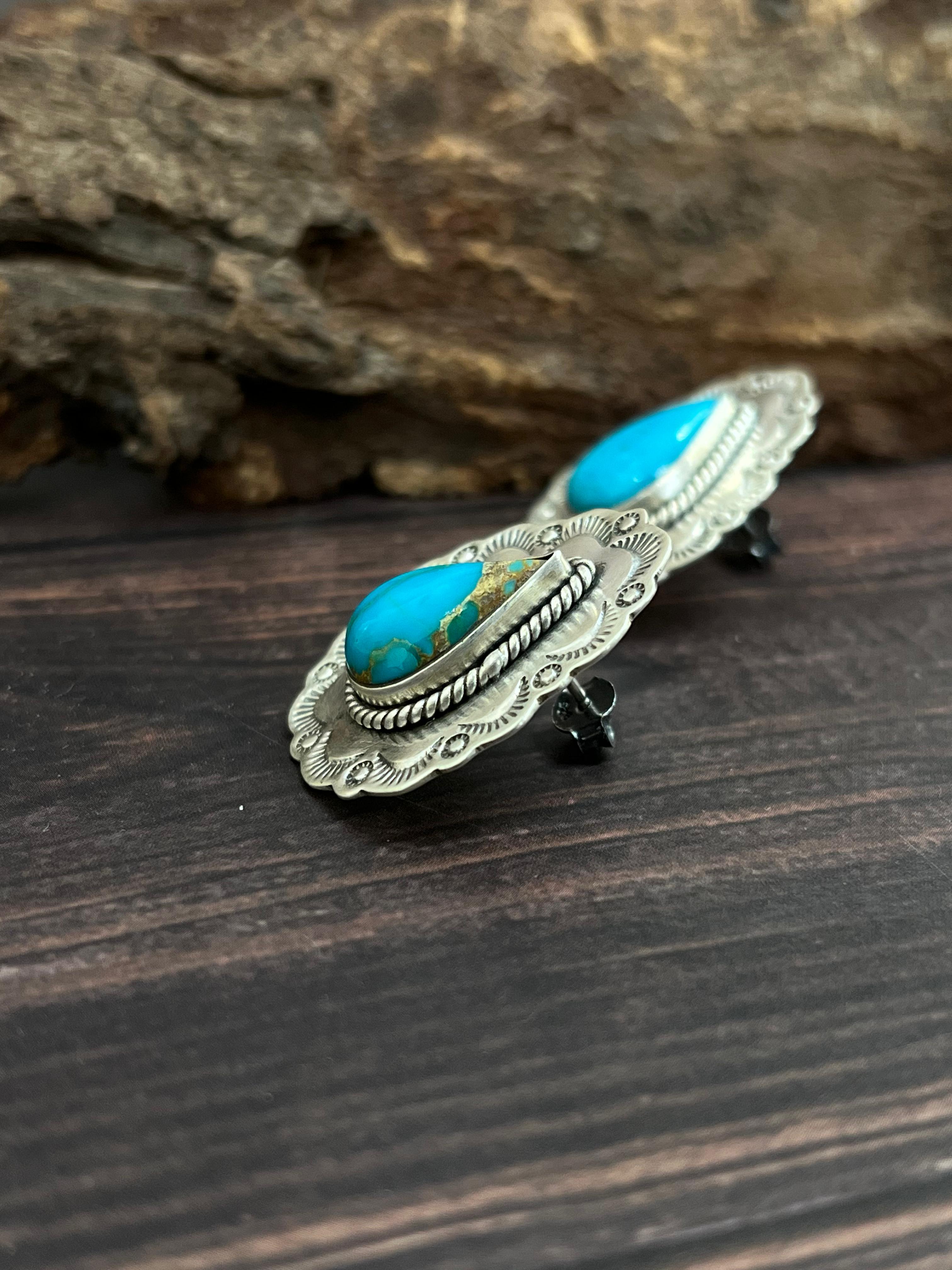 Handmade Sterling Silver South Hill Turquoise Post Studs with Signed Nizhoni