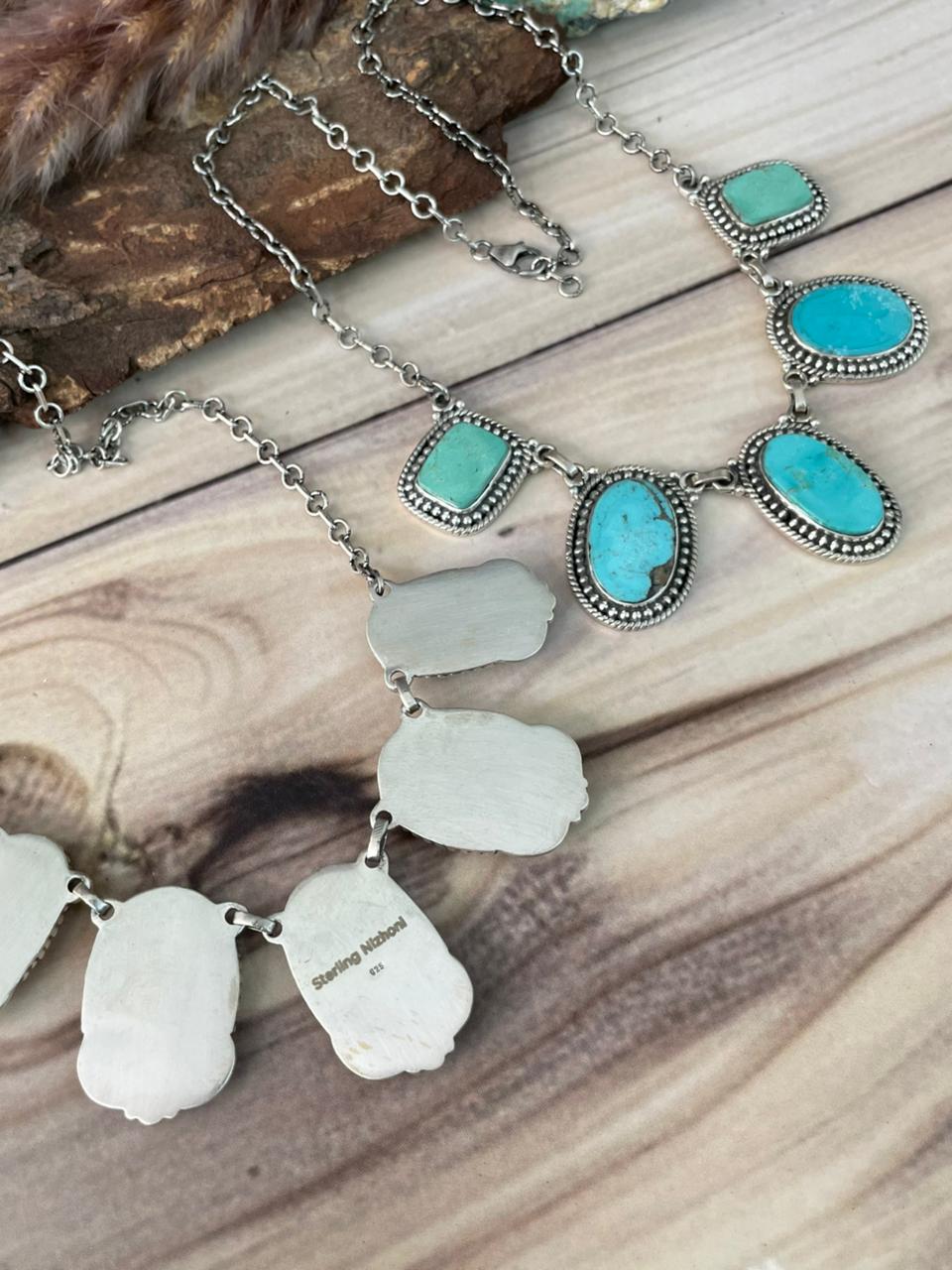 Handmade Sterling Silver Green Kingman Turquoise Collection: Necklace Signed Nizhoni