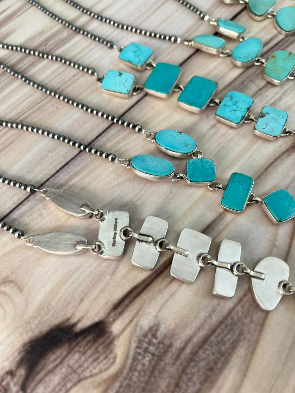 Handmade Sterling Silver Green Kingman Turquoise Collection: Beaded Necklace Signed Nizhoni