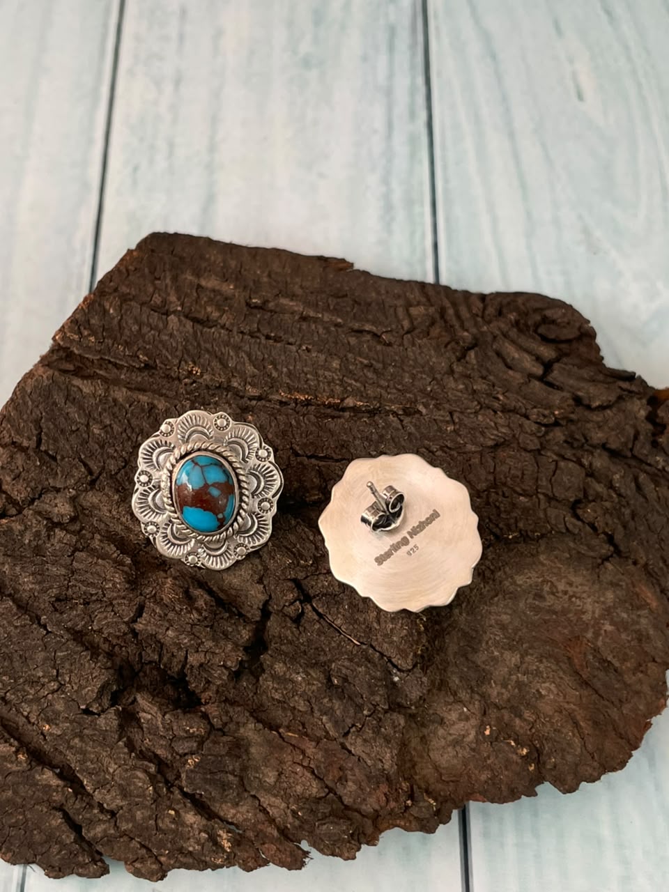 Handmade Sterling Silver Egyptian Turquoise Collection: Post Studs Earrings Signed Nizhoni