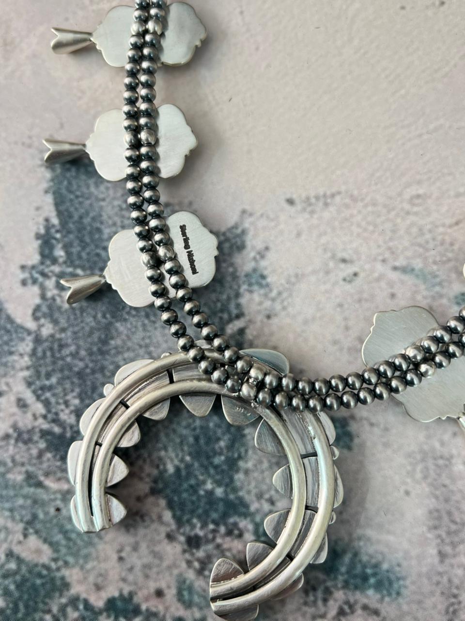 Handmade Sterling Silver Sierra Bella Turquoise Beaded Squash Blossom Naja Necklace Signed Nizhoni