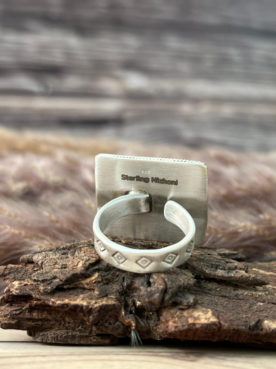 Handmade Sterling Silver Santa Maria Turquoise Adjustable Ring Signed Nizhoni
