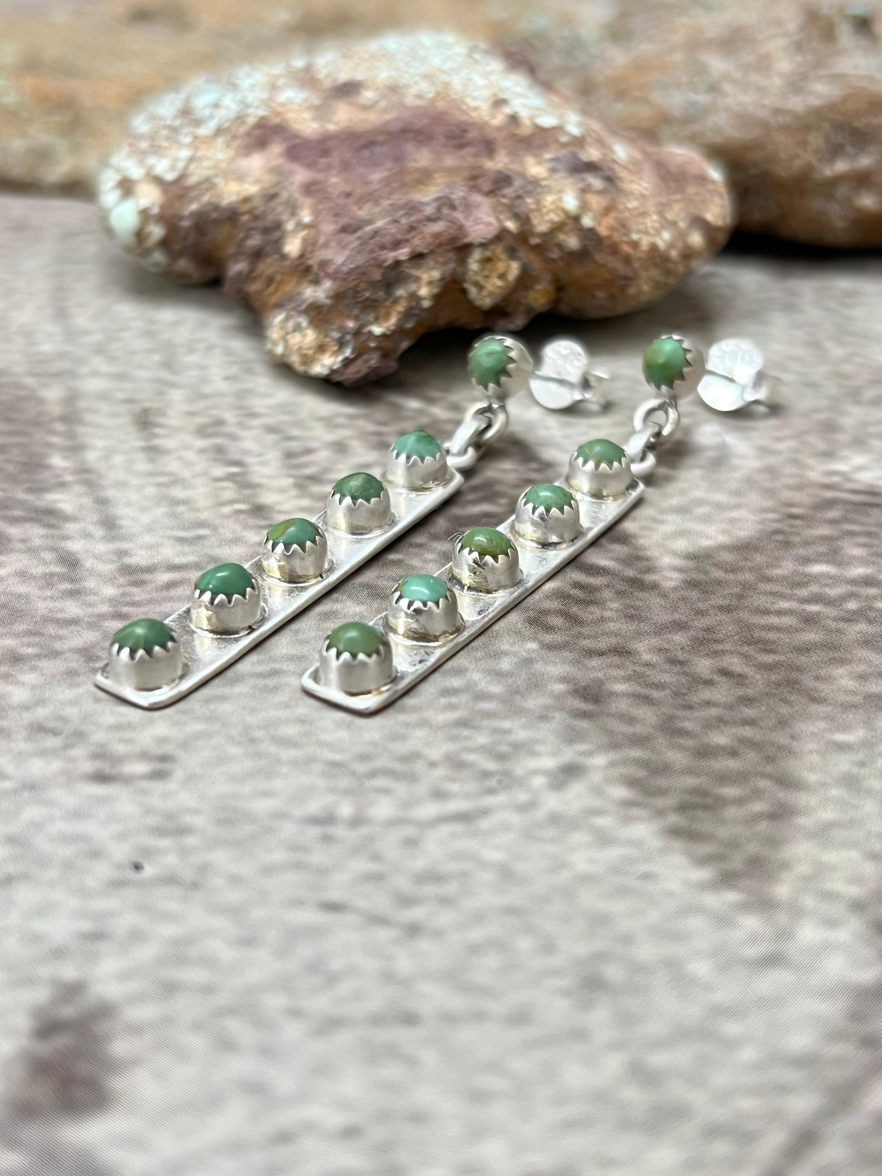 Handmade Sterling Silver Kingman Turquoise Post Dangle Earrings with Signed Nizhoni