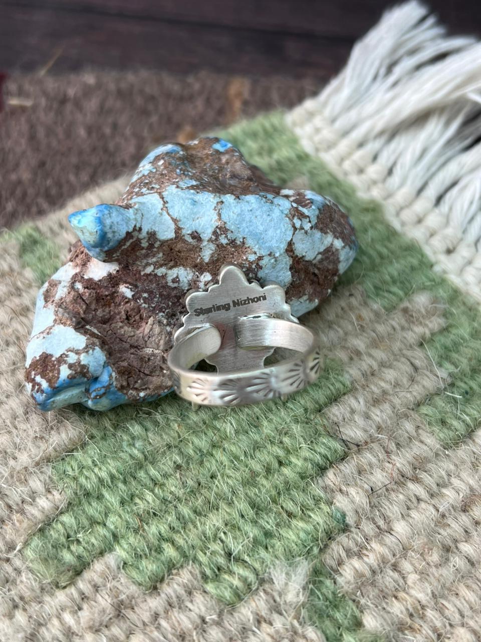 Handmade Sterling Silver White Buffalo Bull Adjustable Ring "Signed Nizhoni"