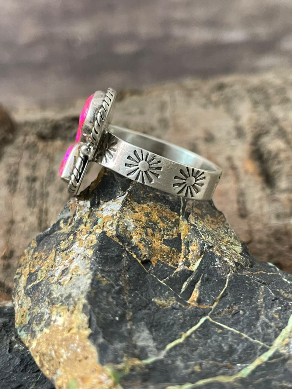 "Heart Collection" Handmade Sterling Silver Hot Pink Adjustable Ring "Signed Nizhoni"