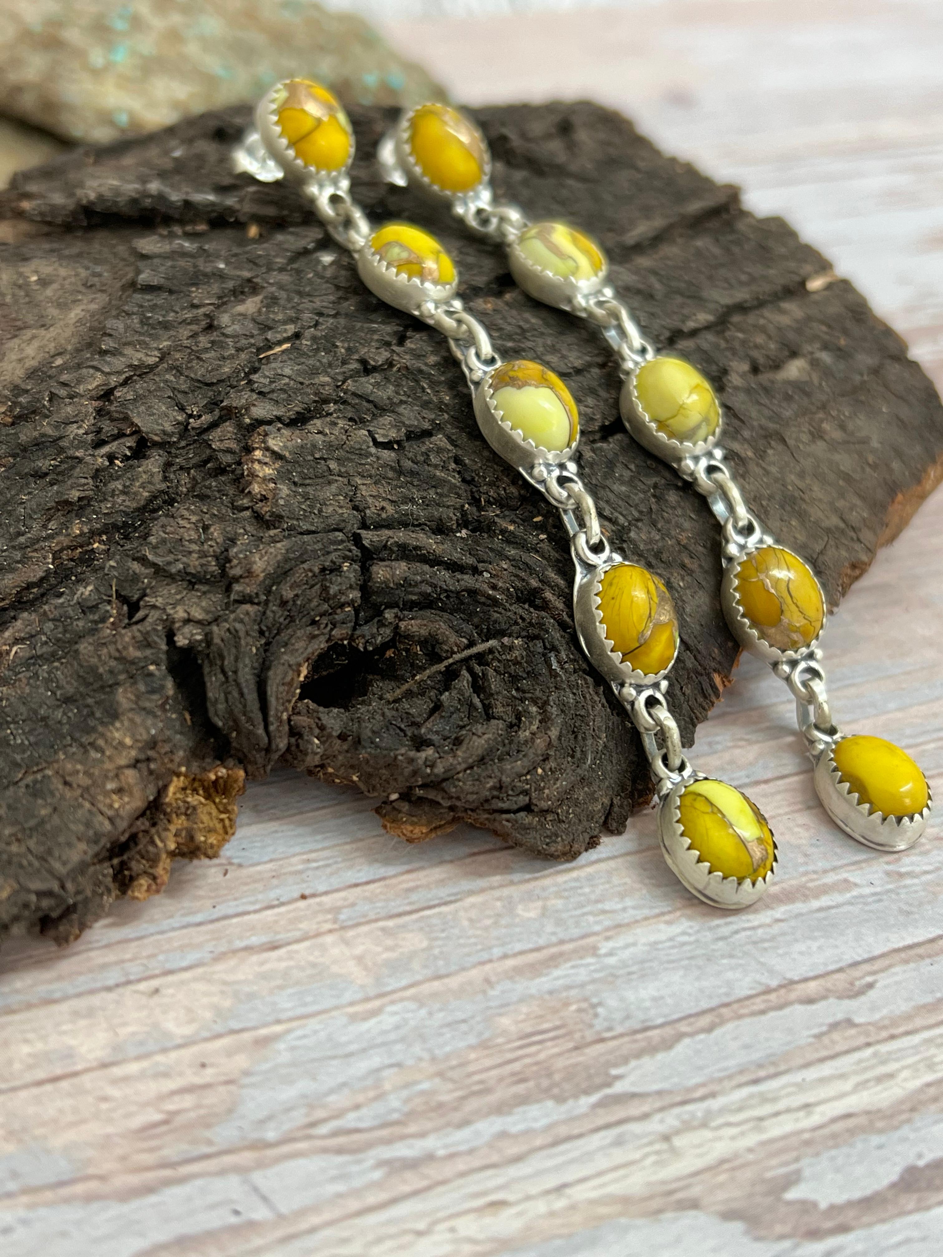 Handmade Sterling Silver Honey Dahlia Post Dangle Earrings with Signed Nizhoni