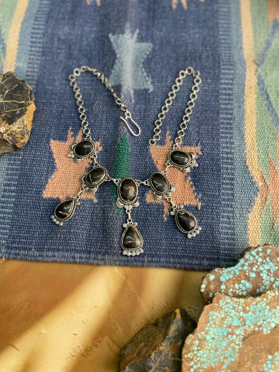 Handmade Sterling Silver Blackjack Turquoise Choker Necklace "Signed Nizhoni"