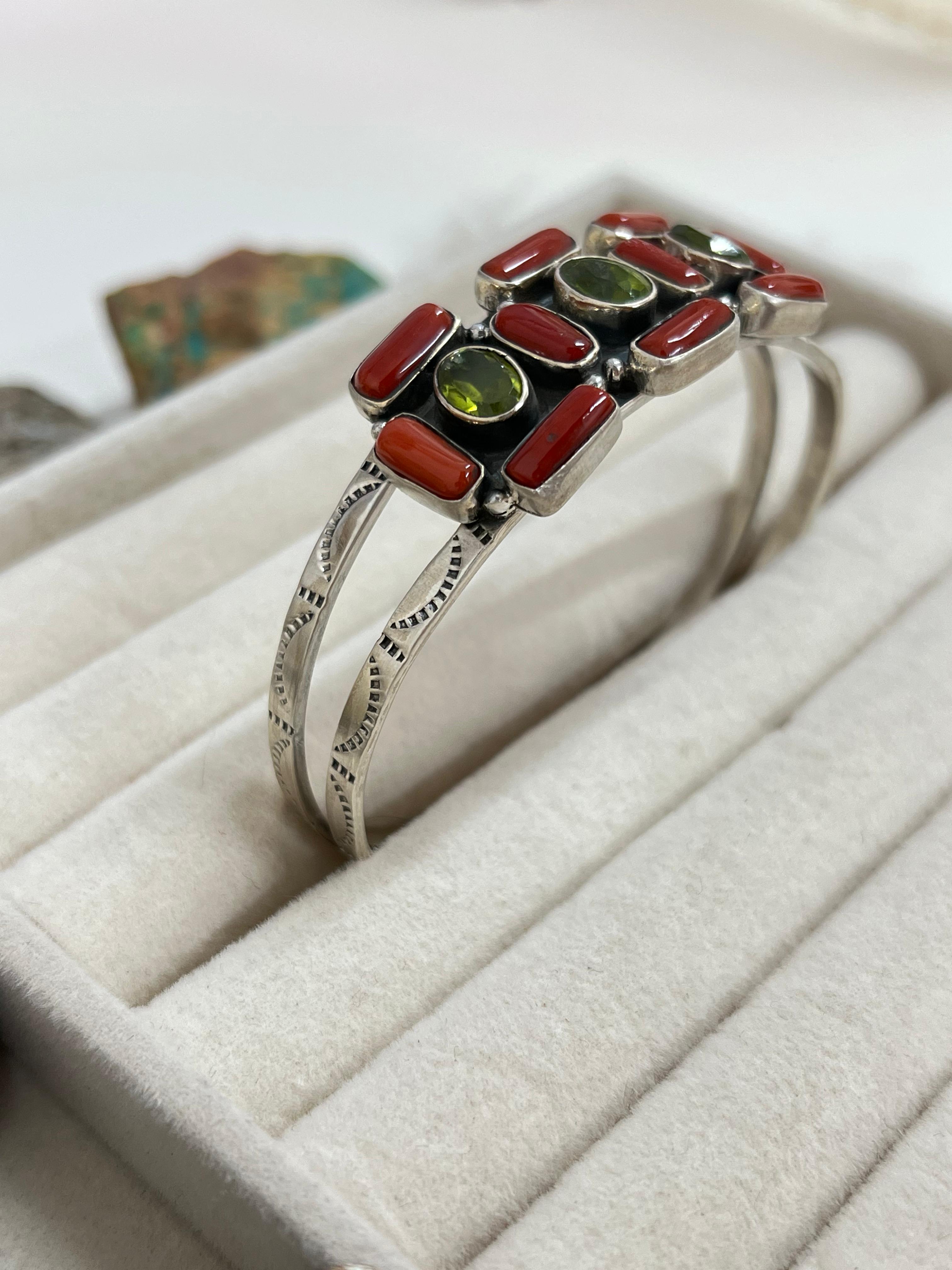 Christmas Collection Handmade Sterling Silver Coral with Peridot Bracelet with Signed Nizhoni