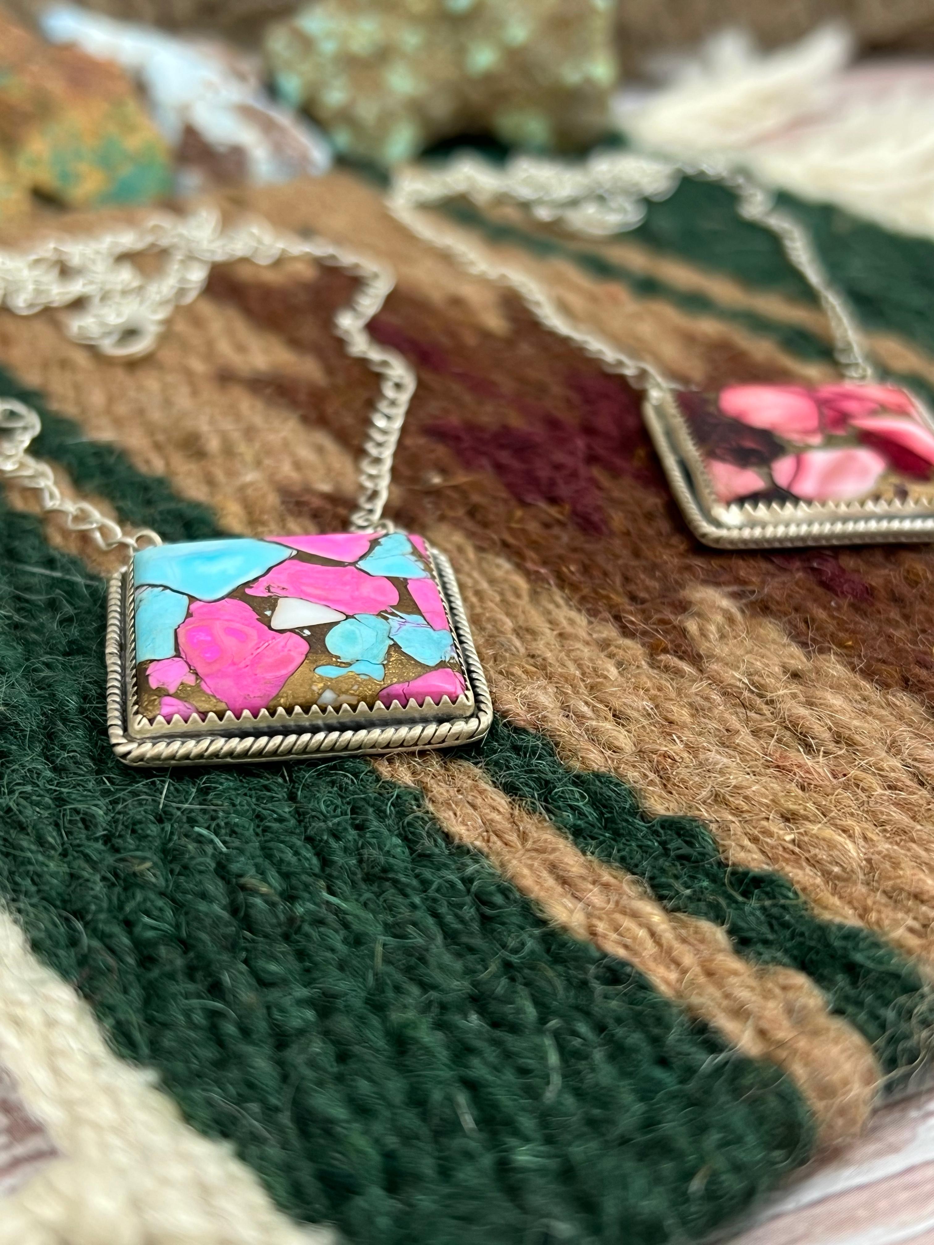 Handmade Sterling Silver Dahlia Rose, Cotton Candy Turquoise Necklace with Signed Nizhoni