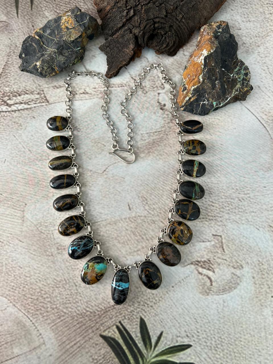 Handmade Sterling Silver Blackjack Turquoise Necklace "Signed Nizhoni"